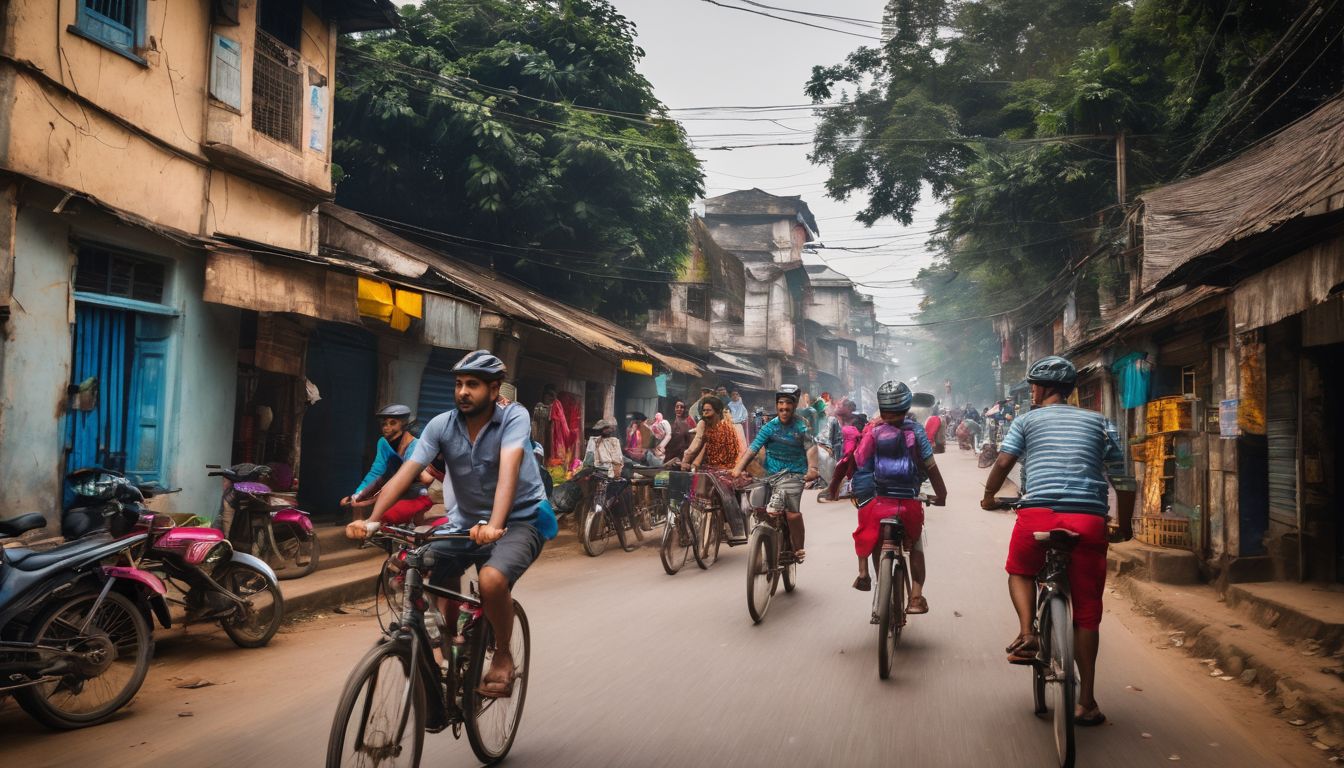 A group of diverse friends enjoy a bike ride through the vibrant streets of Sylhet City.
