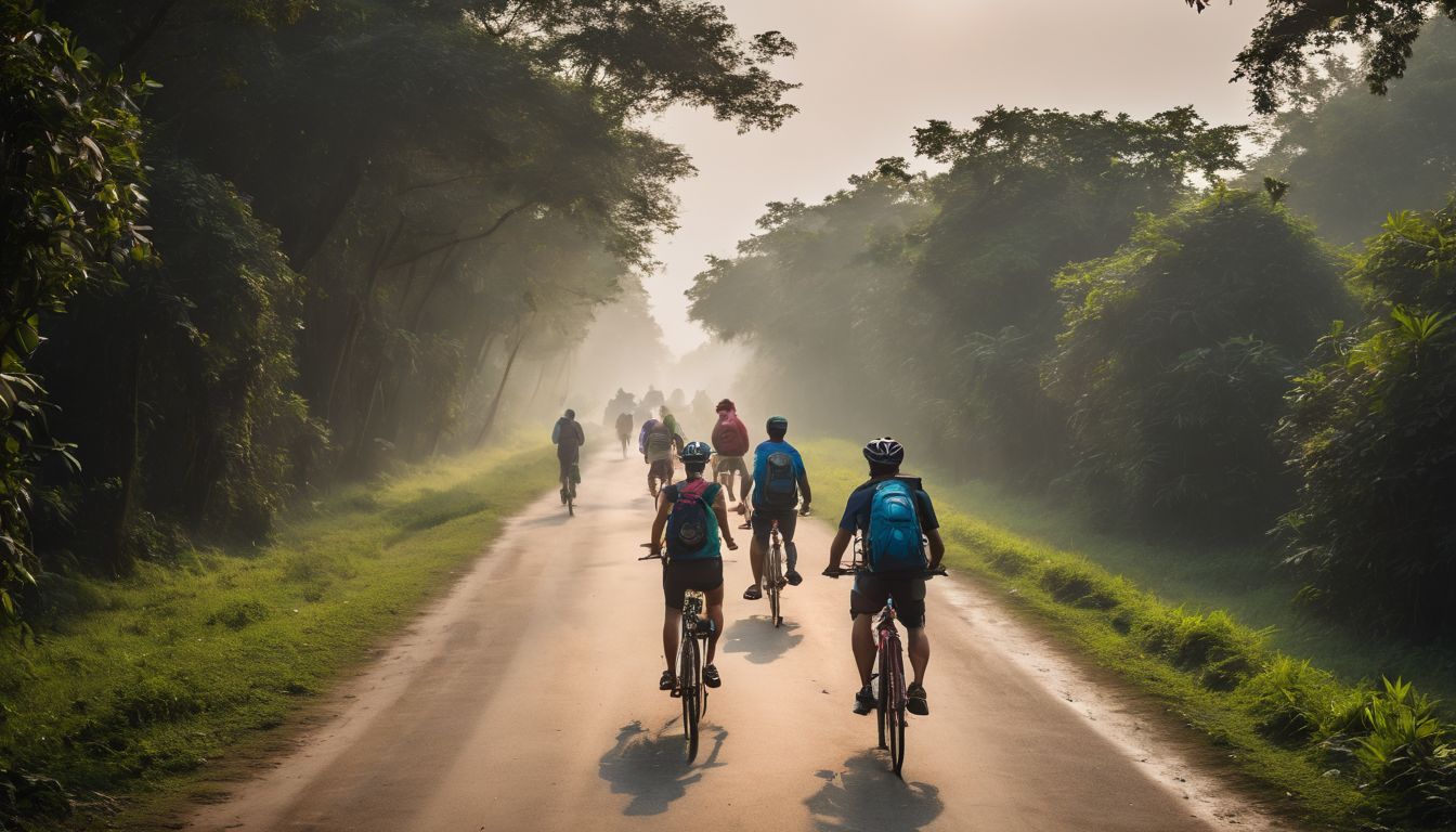 A group of tourists explore the scenic landscapes of Khulna City on bicycles.