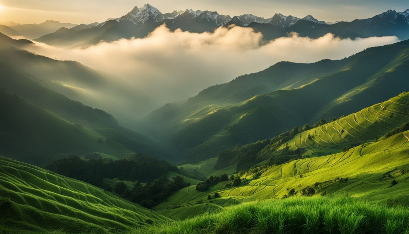 A stunning photograph showcasing the serene beauty of Khagrachari's lush green mountains and mist-covered valleys.