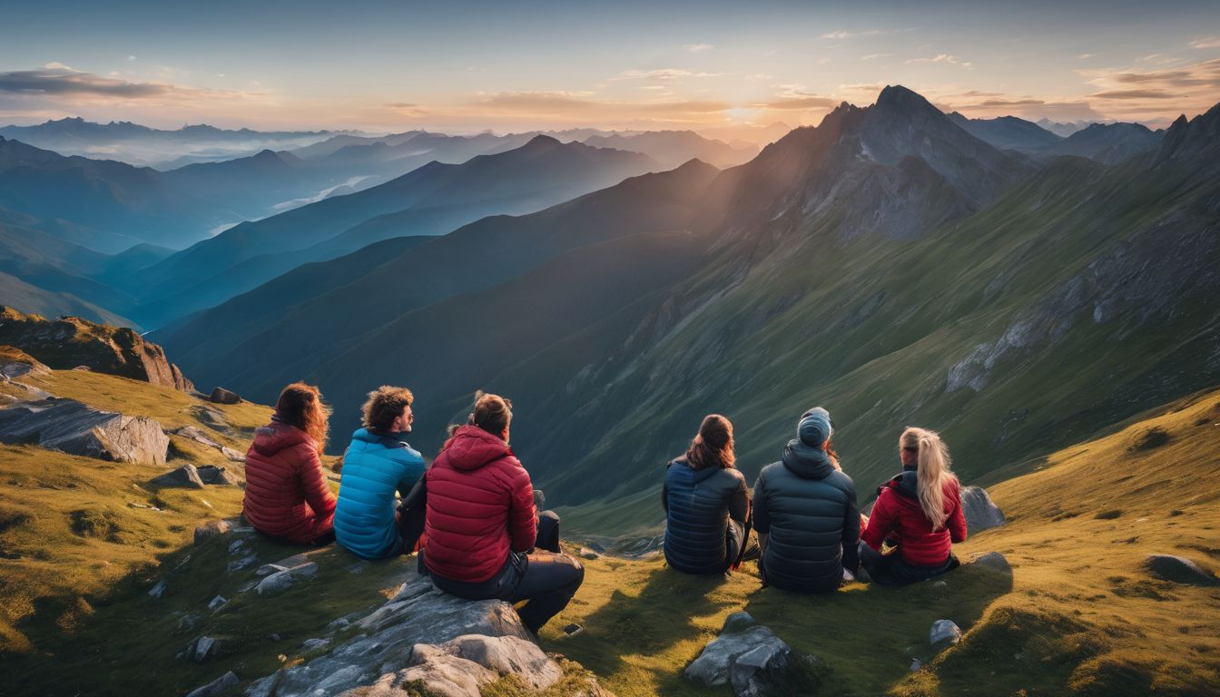 A group of diverse travelers enjoying a panoramic view on a mountain peak.