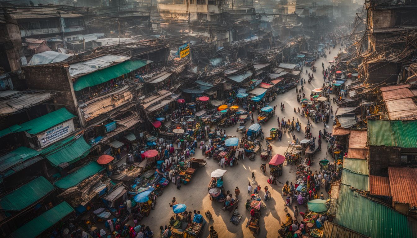 A stunning aerial view showcasing the bustling streets of Dhaka with a diverse array of people and vibrant cityscape.