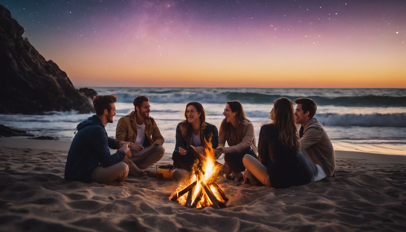 A diverse group of friends gather around a beach bonfire, enjoying the starry night sky and vibrant atmosphere.
