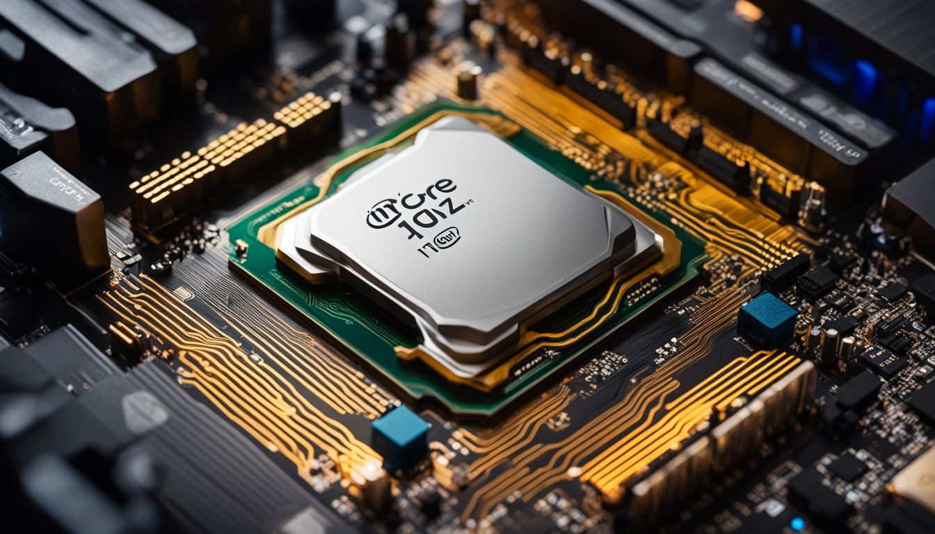 A photo of an Intel Core i9-13900K processor on a futuristic motherboard.