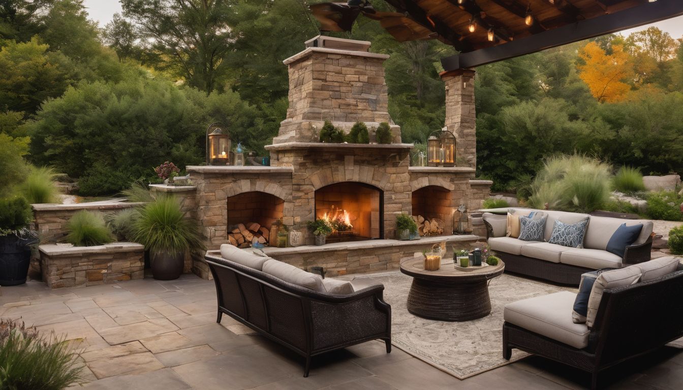 A cozy outdoor fireplace surrounded by lush greenery and comfortable seating.