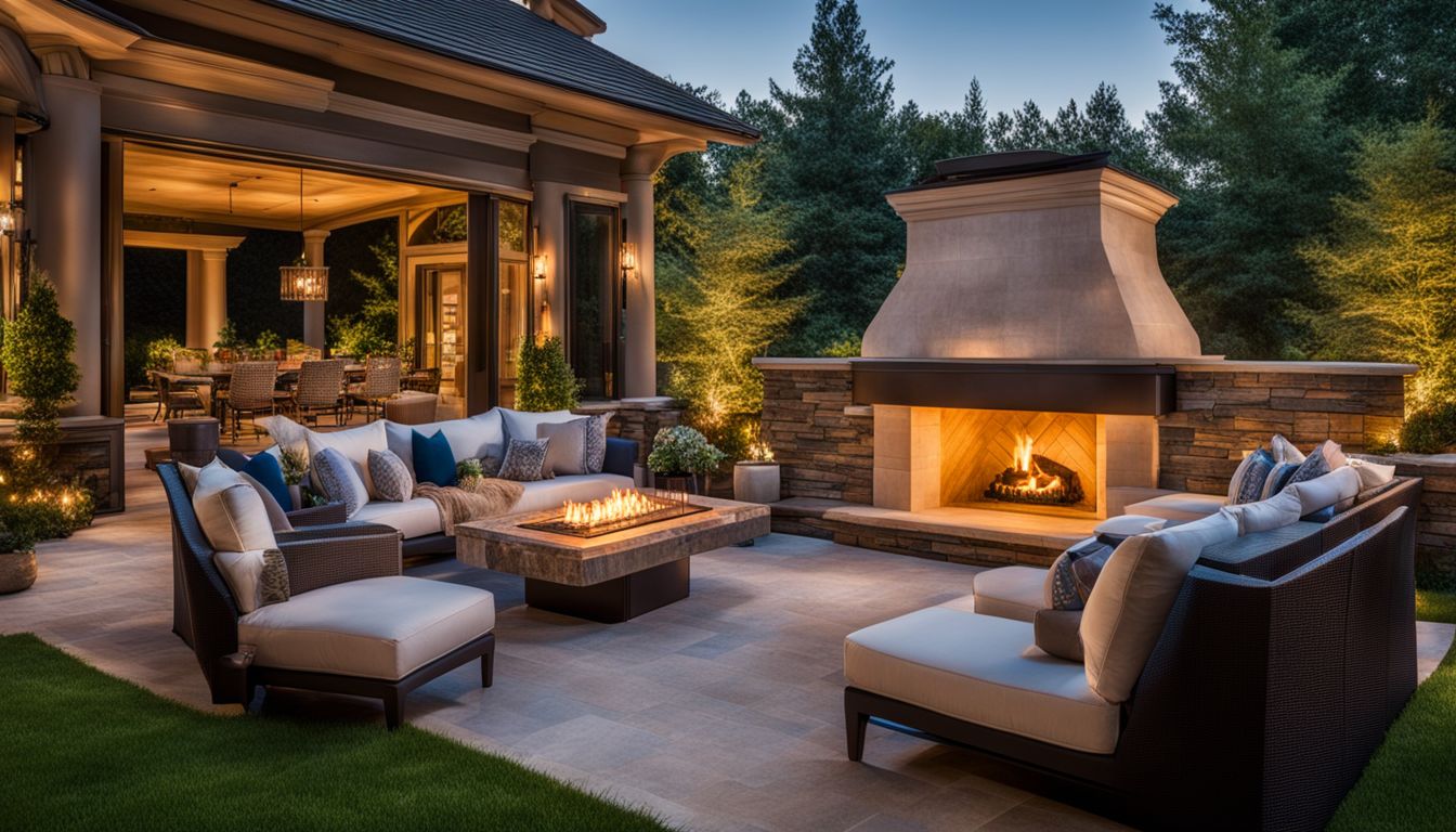Luxurious outdoor living space with elegant fireplace, comfortable seating, and beautiful landscaping.