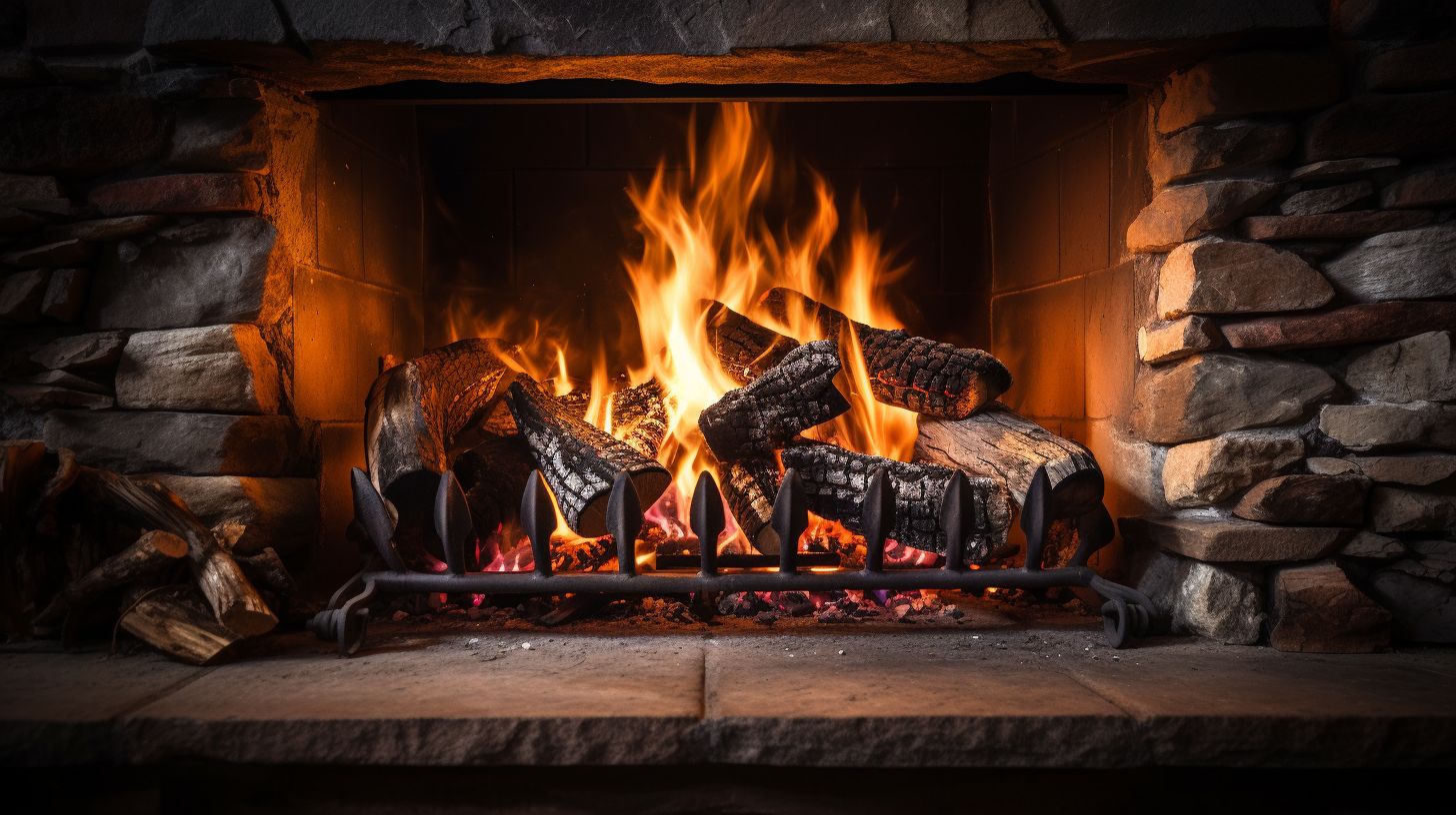 A blazing fire in a rustic fireplace showcases the warmth and efficiency of a fireplace grate.