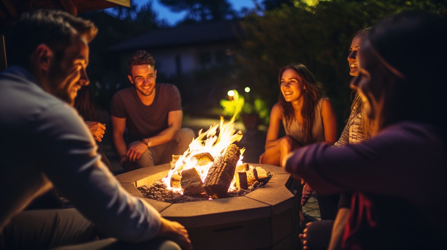 A group of friends gather around an outdoor fireplace.