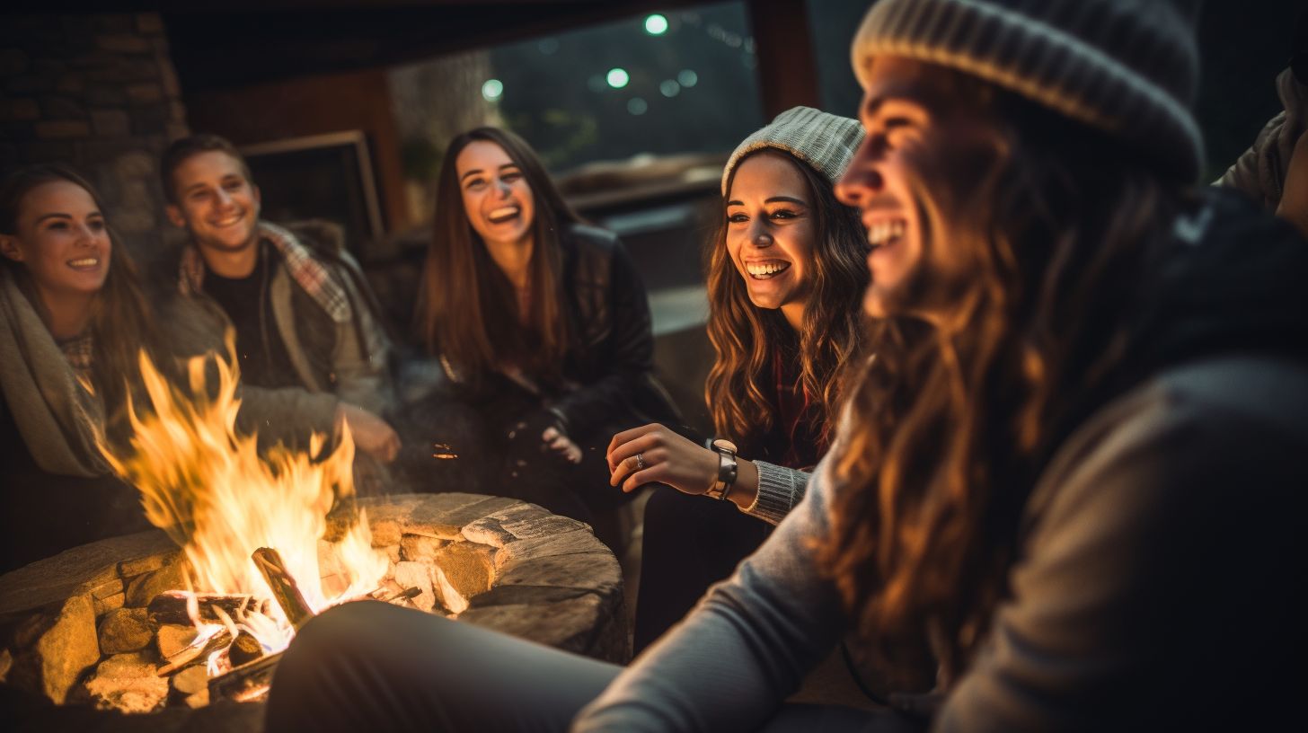 A group of friends enjoy a pleasant evening around an outdoor fireplace.