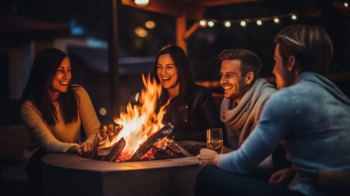 A group of friends enjoys the warmth of an outdoor fireplace.