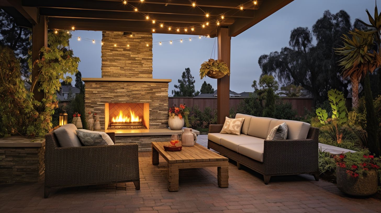 A modern propane fireplace is featured in an outdoor seating area.
