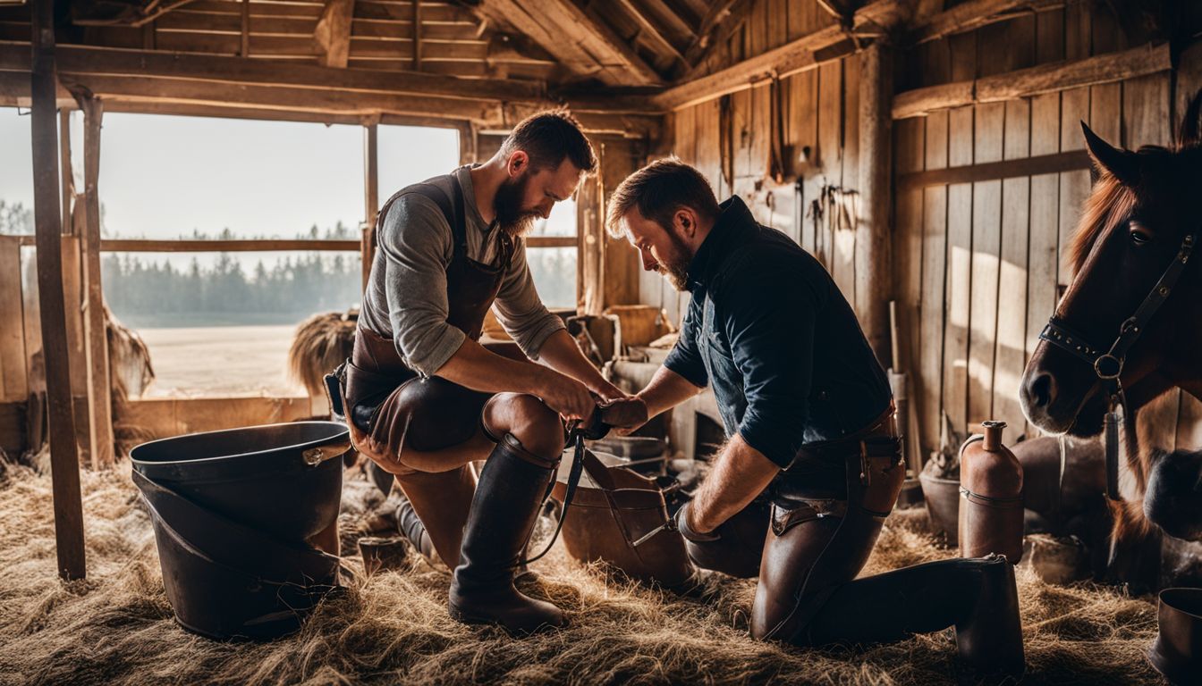 A farrier trims a horse's hooves in a rustic barn.