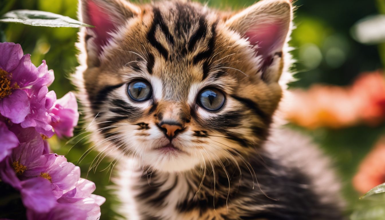 A playful kitten exploring a vibrant garden in a bustling atmosphere.