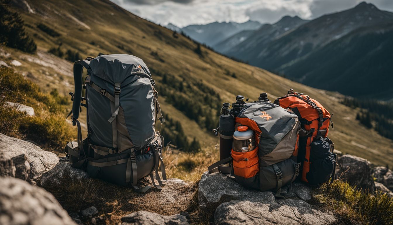A backpack filled with Pelican Outdoor products on a rugged mountain trail.