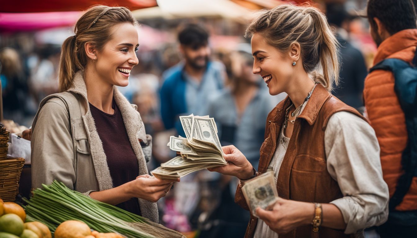 Two people are happily exchanging money and goods at a vibrant street market.