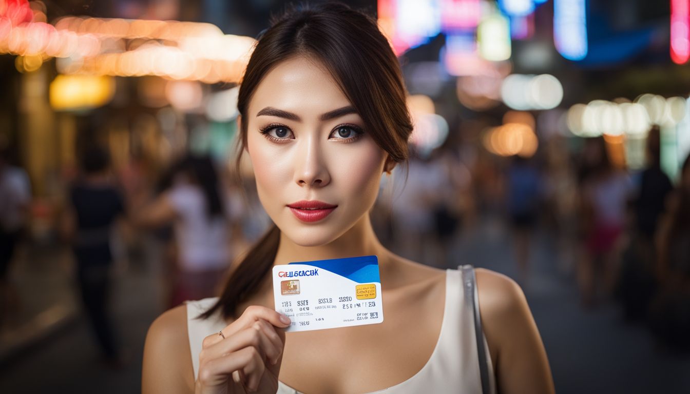 A woman holds a hotel card in Bangkok with a busy street in the background.