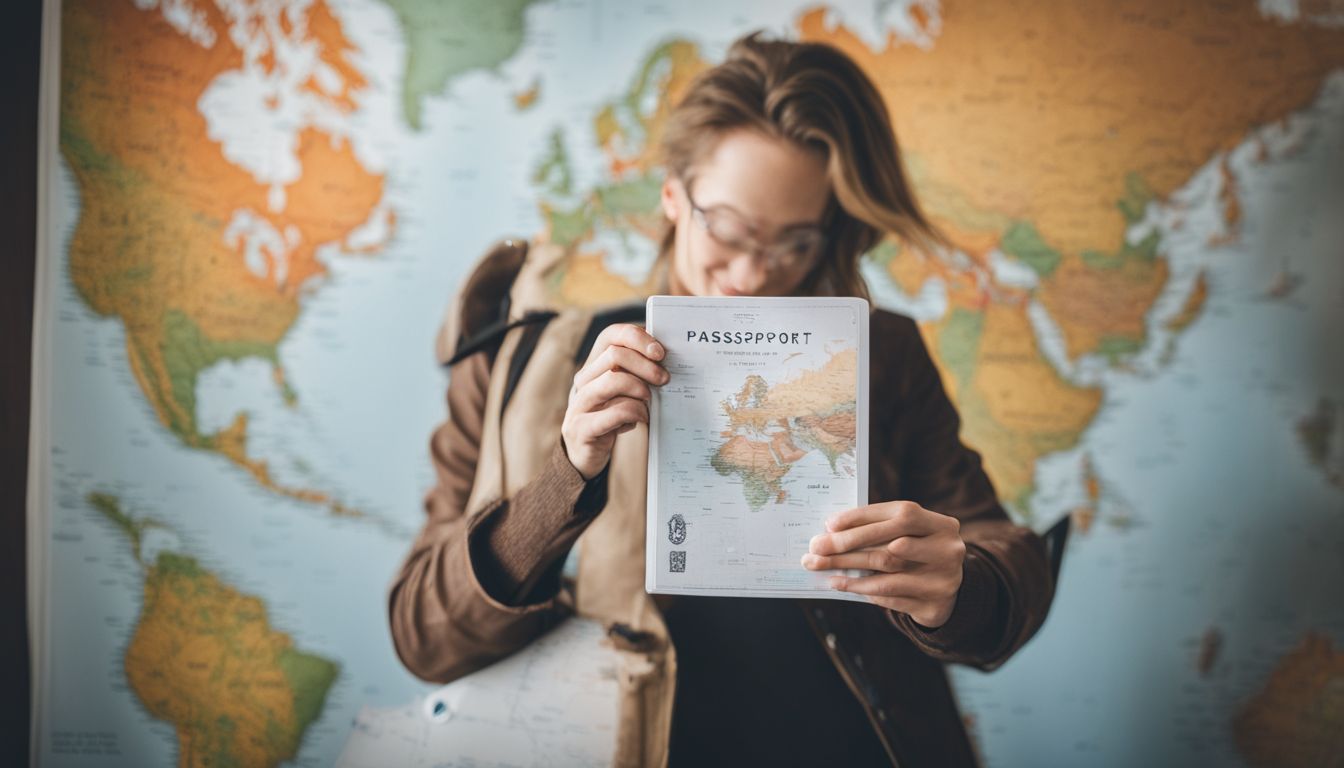 A traveler holds a photocopy of their passport in front of a map, capturing the bustling atmosphere with a wide-angle lens.