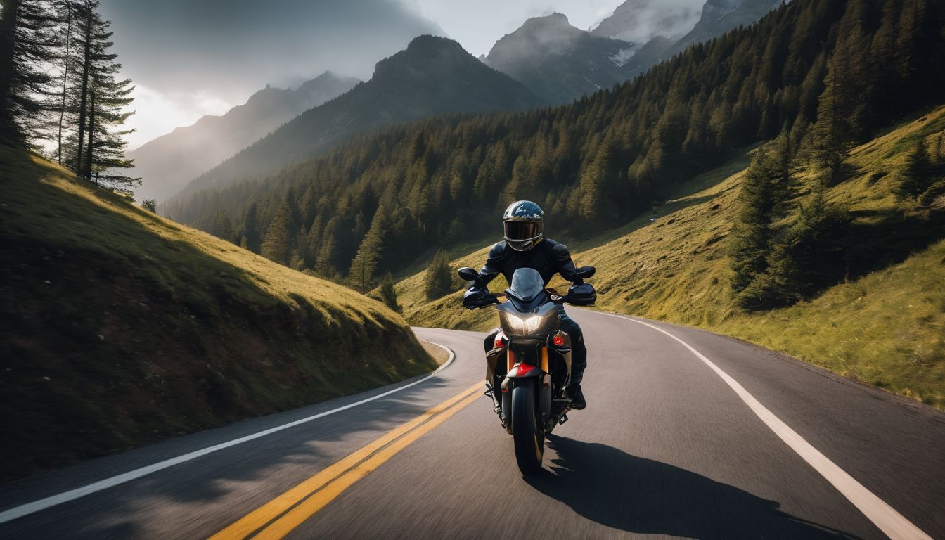 Seorang pengendara motor mengenakan Merk Helm Lokal Full Face Terbaik lokal lengkap melewati jalan pegunungan yang indah.