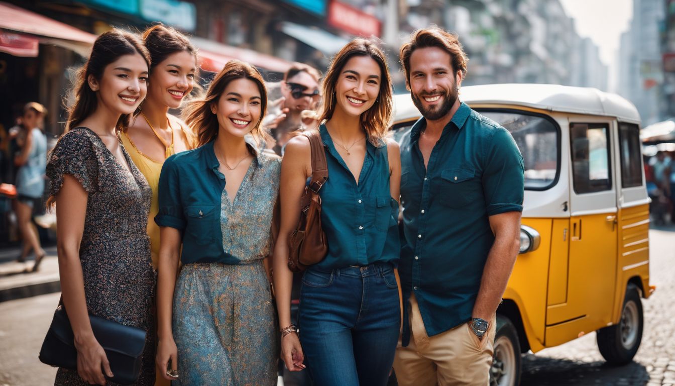 A diverse group of tourists stands in front of a tuk-tuk with a smiling tour guide in a bustling city.