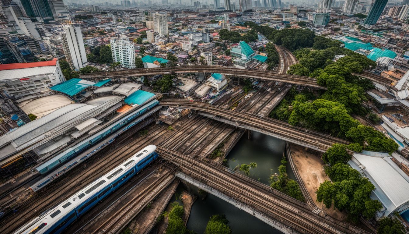 The photo captures the bustling and interconnected train systems in Bangkok with a variety of people and styles.