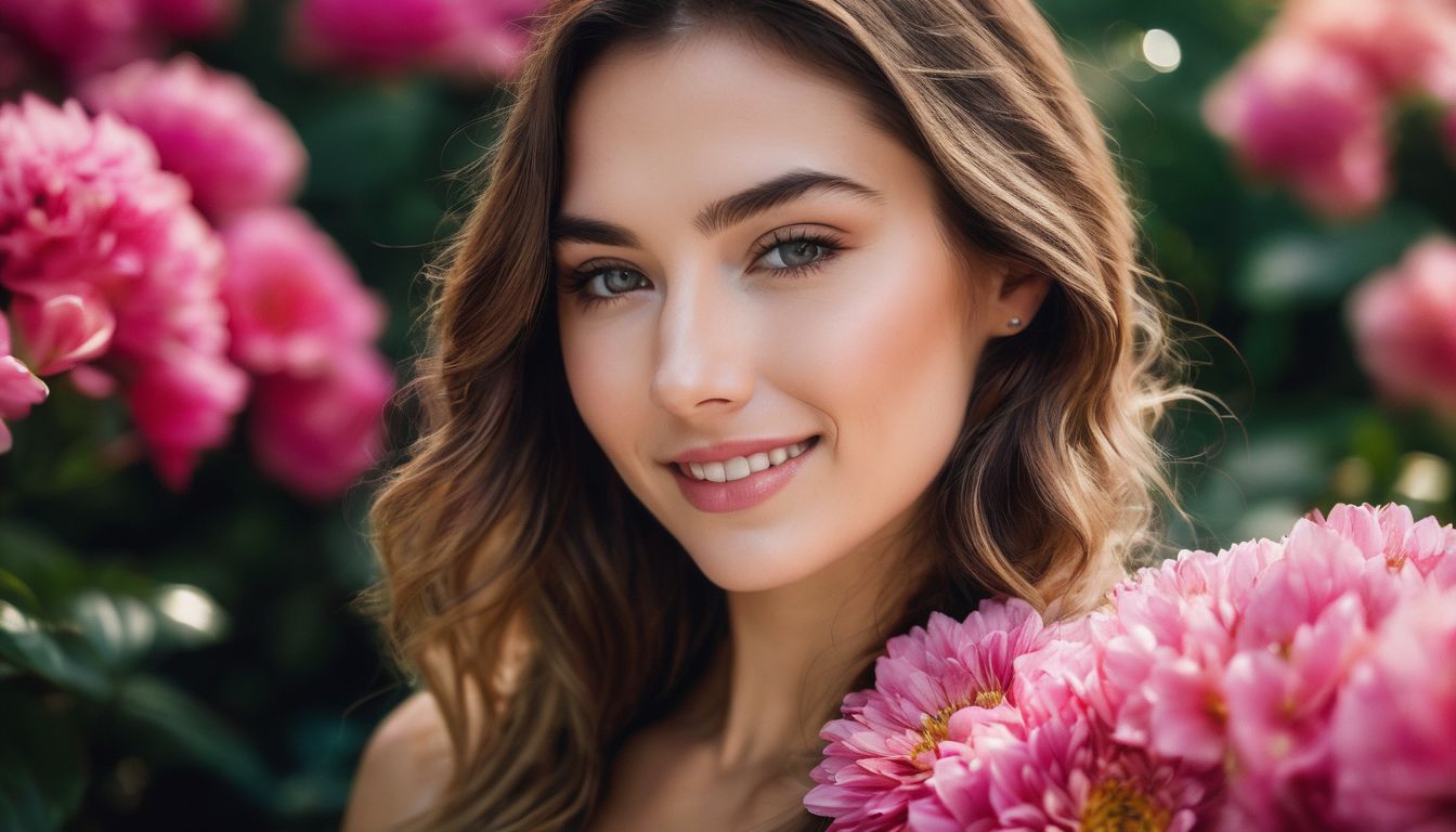 A woman with flawless skin surrounded by flowers and plants in a vibrant and diverse portrait.