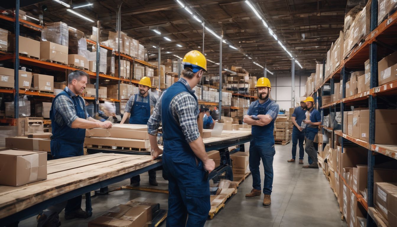 A diverse group of workers in a busy warehouse portrayed in a highly detailed and realistic photograph.