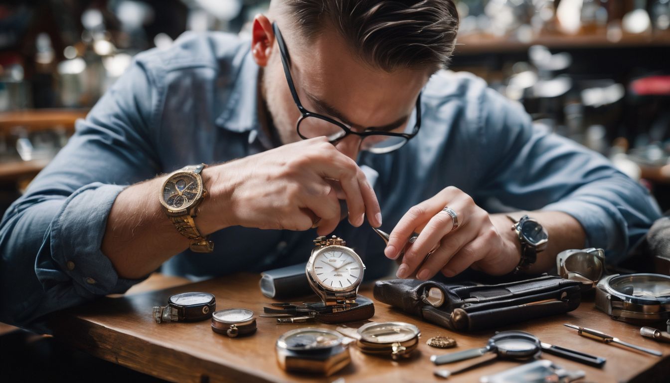 A person meticulously examines a watch surrounded by various watch tools in a bustling atmosphere.