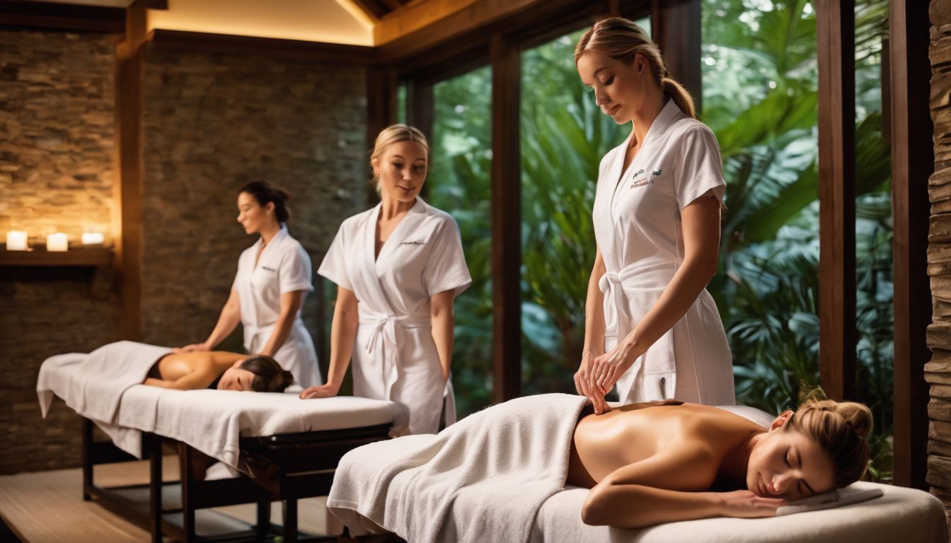 A group of massage therapists in a serene spa setting, surrounded by calming décor and nature photography.