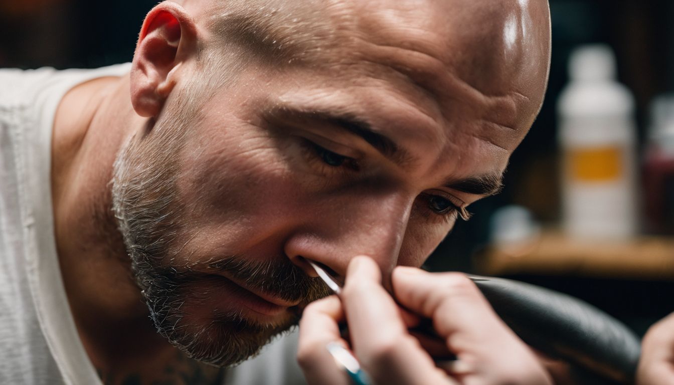 A tattoo artist applies pigment to a bald man's head using tiny needles.