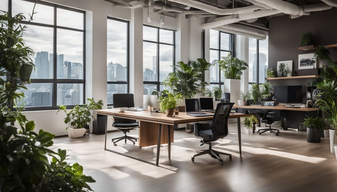 An organized office space with modern furniture and plants, showcasing a bustling atmosphere with diverse individuals.