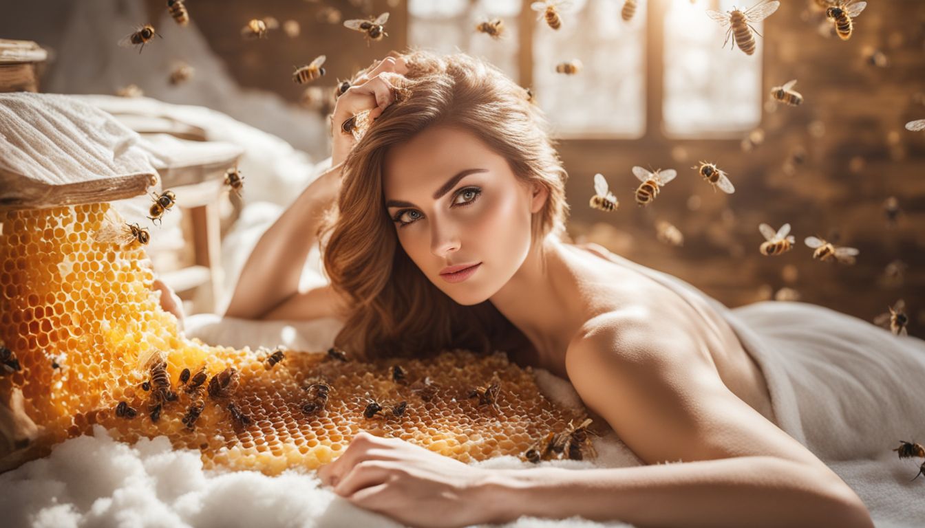 A woman lies on a towel surrounded by honeycombs and bees in a bustling outdoor setting.