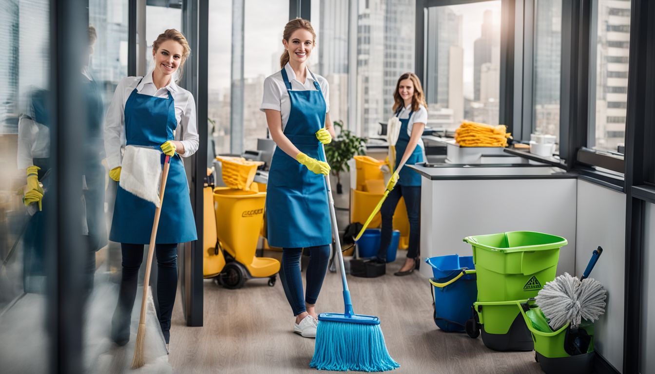A diverse office cleaning crew is seen in action, equipped with brooms and mops.