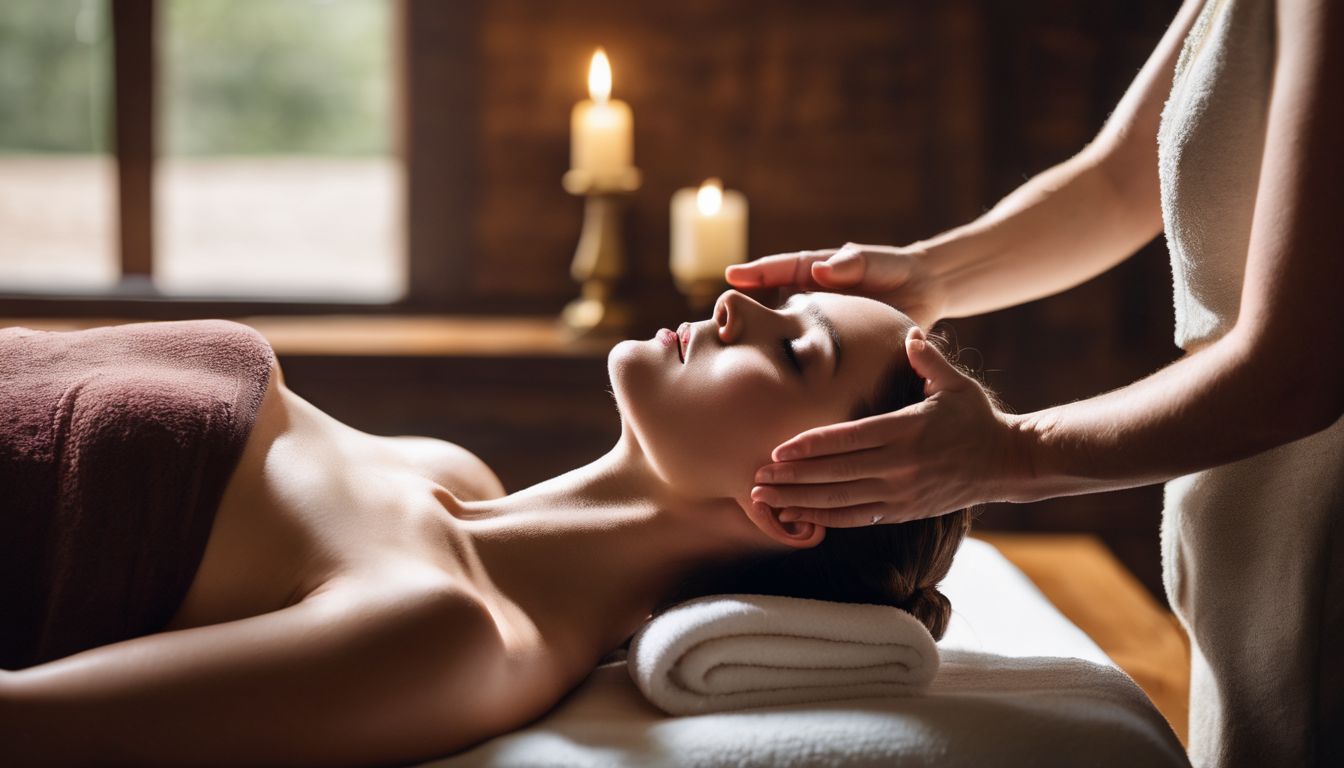 A woman enjoying an acupressure head massage in a tranquil spa setting.