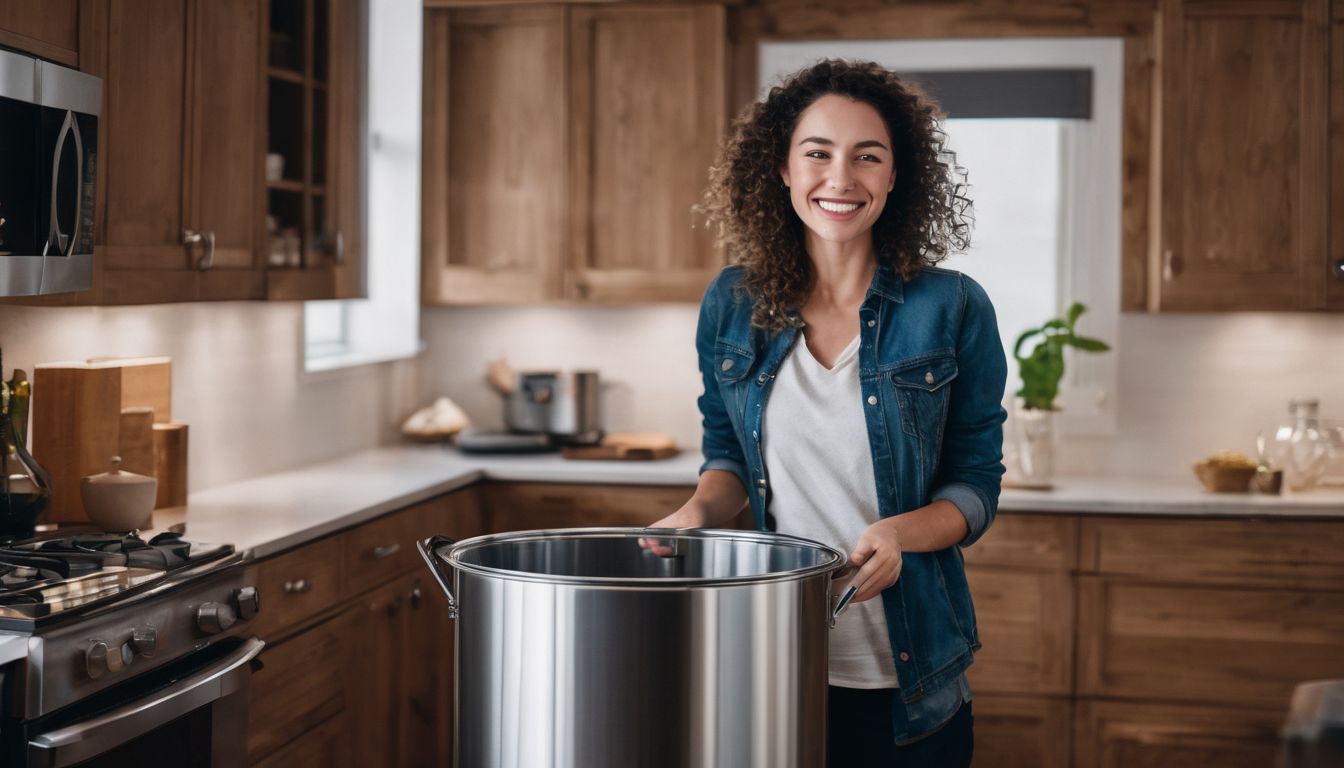 A woman happily uses a stainless steel bin in her neat and organized kitchen space.