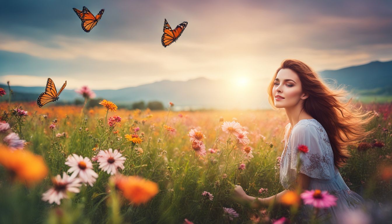 A field of blooming flowers with a butterfly flying over them in a vibrant and bustling atmosphere.