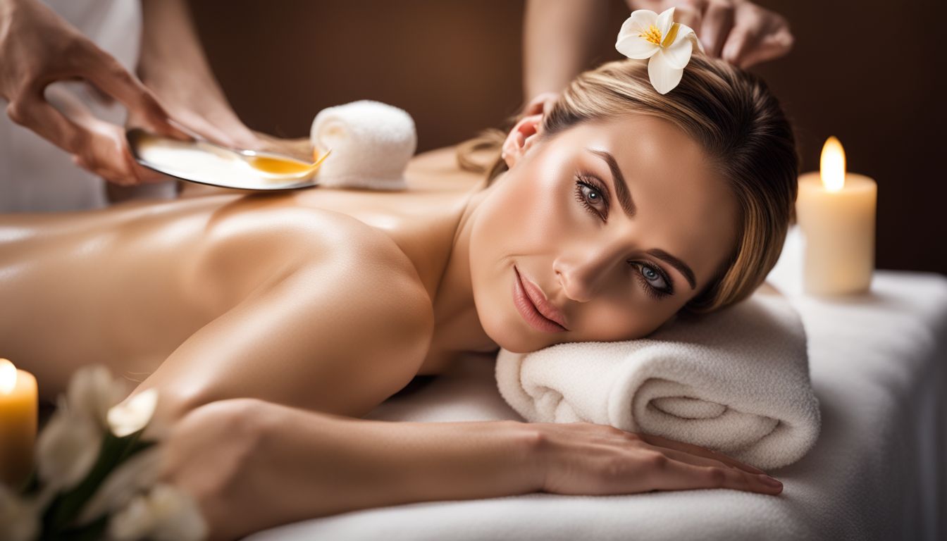 A woman receiving a relaxing hot wax treatment in a spa setting, captured in high detail with different looks and outfits.