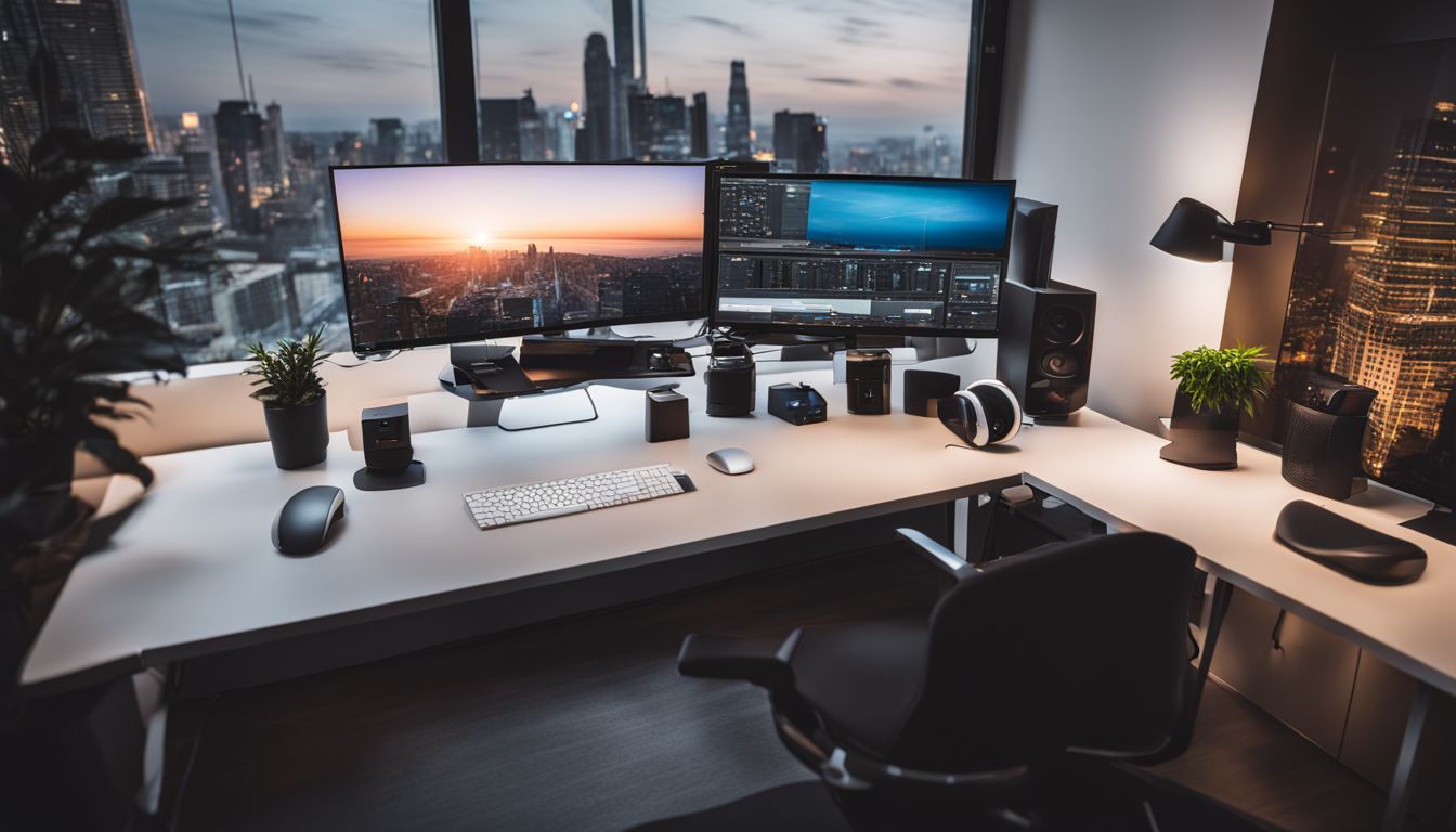 A sleek and modern computer setup in a clean and minimalist office environment.