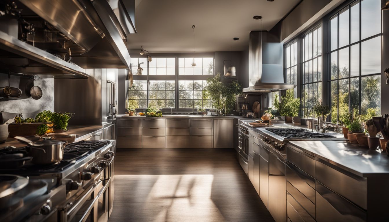 A vibrant and diverse kitchen scene with a range of people, nature photography, and high-quality equipment.