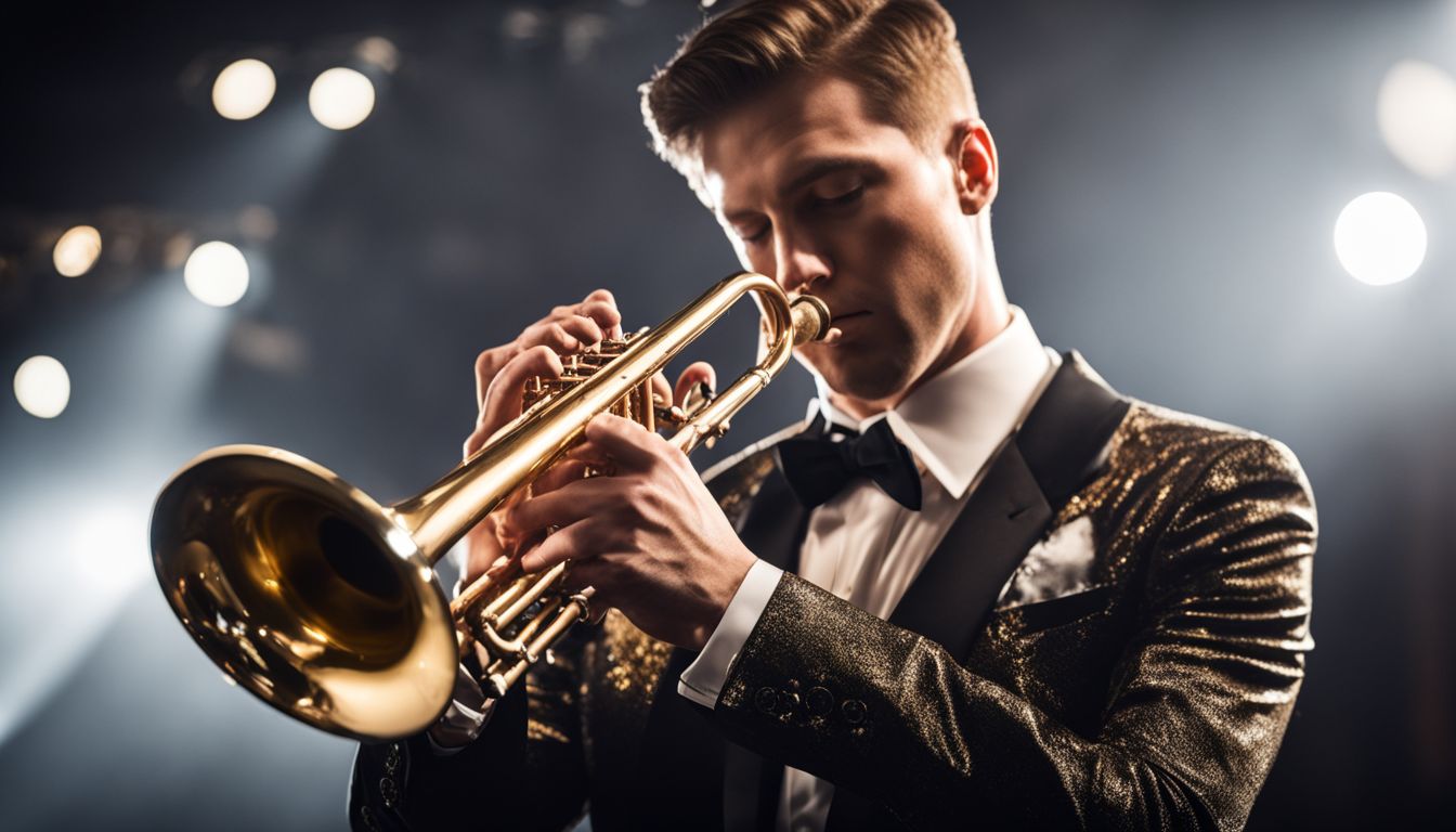 A trumpeter playing the trumpet in a concert hall with a focus on their face and impeccable posture.