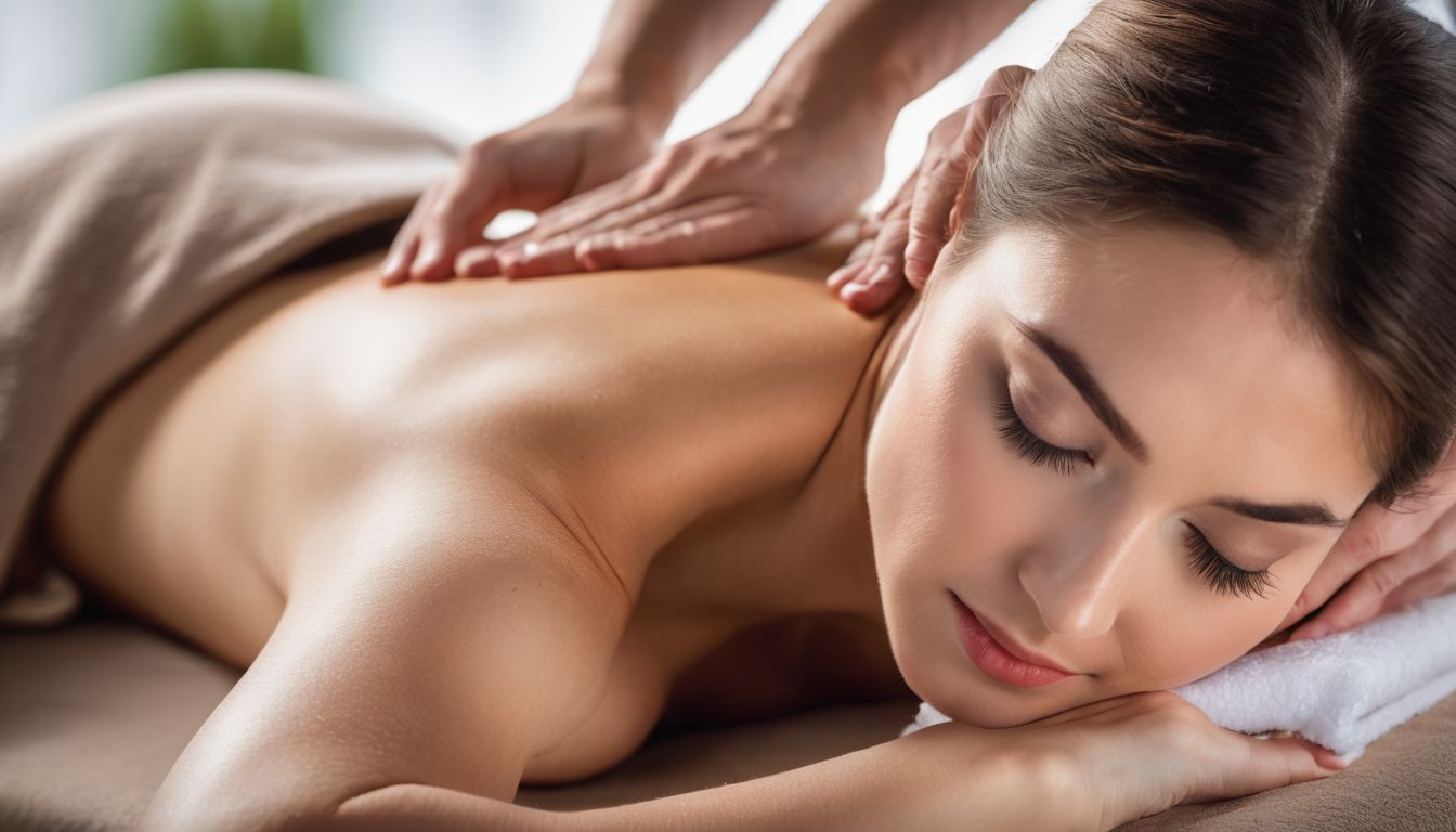 A woman receiving a relaxing massage at TT Quick Massage with various hairstyles, outfits, and expressions.