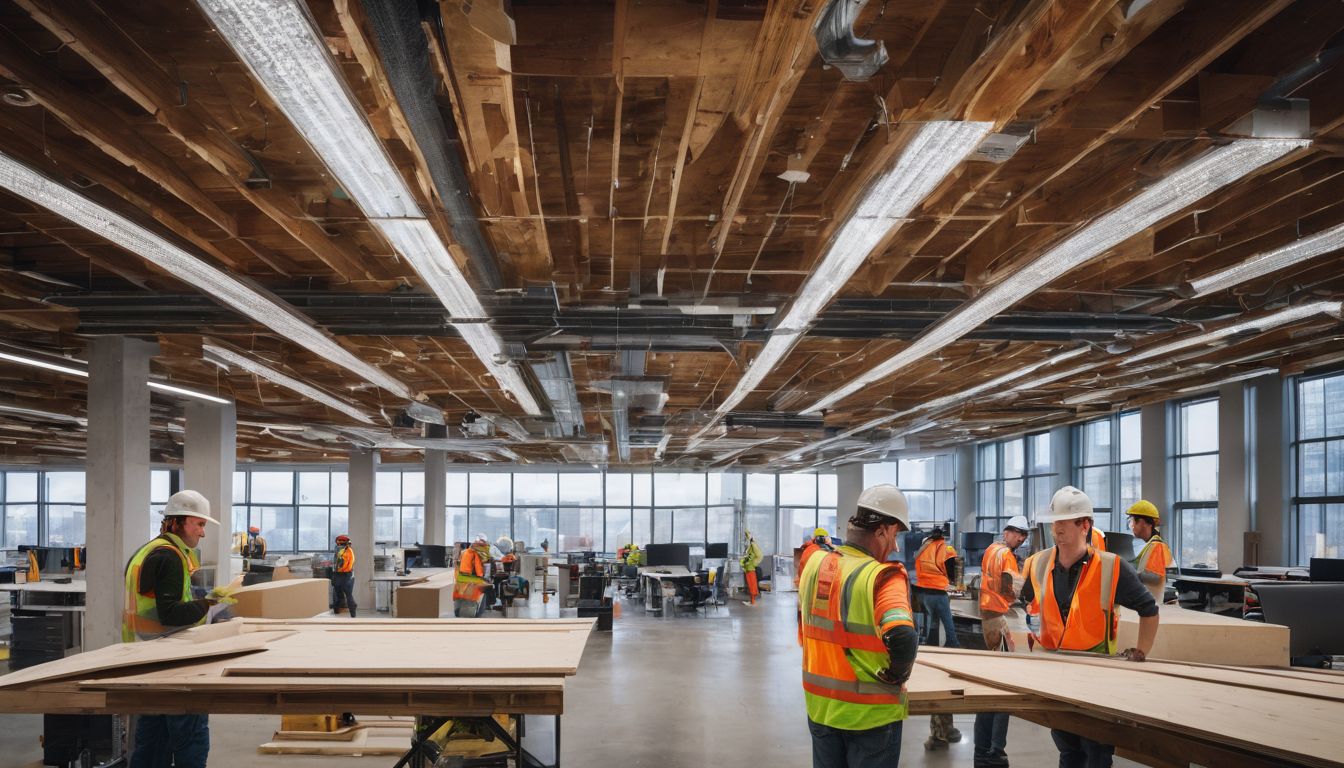 A diverse group of construction workers installing ceiling boards in a modern office space.