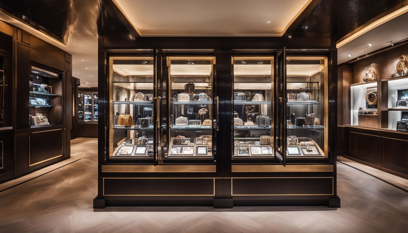 A photo of a safe filled with luxury watches in a high-end jewelry store with various people and cameras.