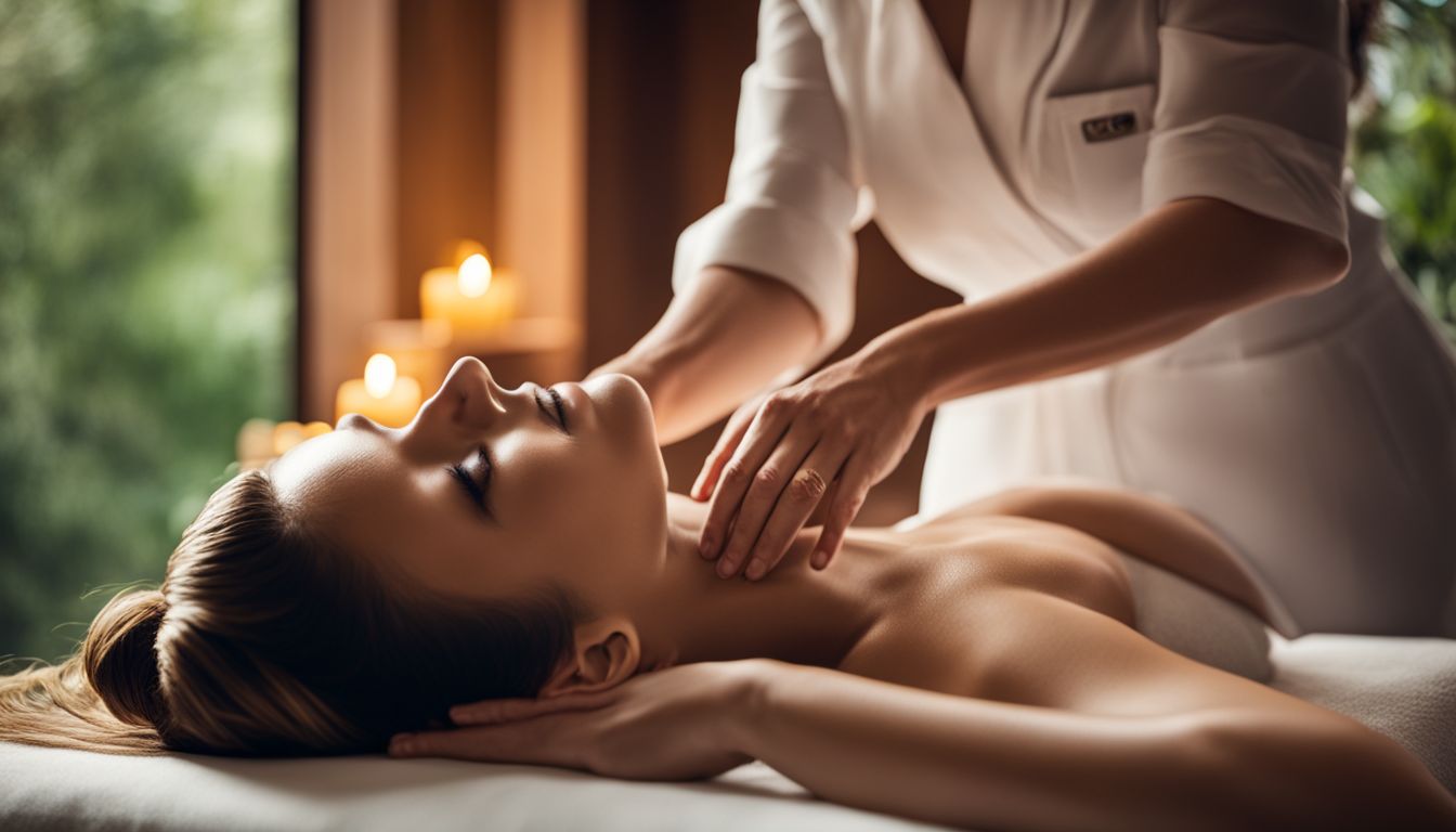 A woman enjoys a relaxing massage in a tranquil spa setting.