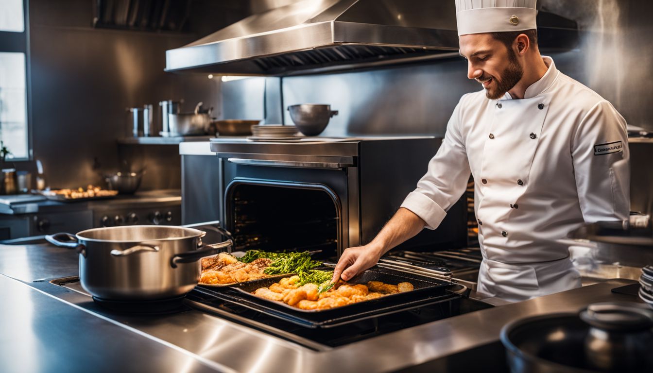 A chef prepares a meal in a clean oven, while a bustling atmosphere surrounds them.