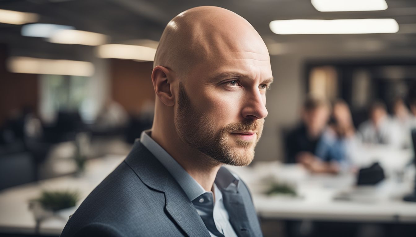 A bald man in a modern office with a head full of realistic-looking hair.