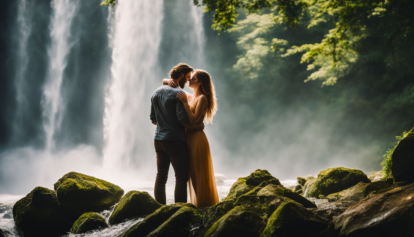 A couple embraces under a waterfall surrounded by lush greenery in a vibrant and bustling natural atmosphere.
