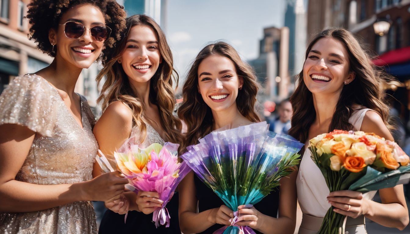 A diverse group of friends celebrate together, holding money bouquets against a cityscape backdrop.