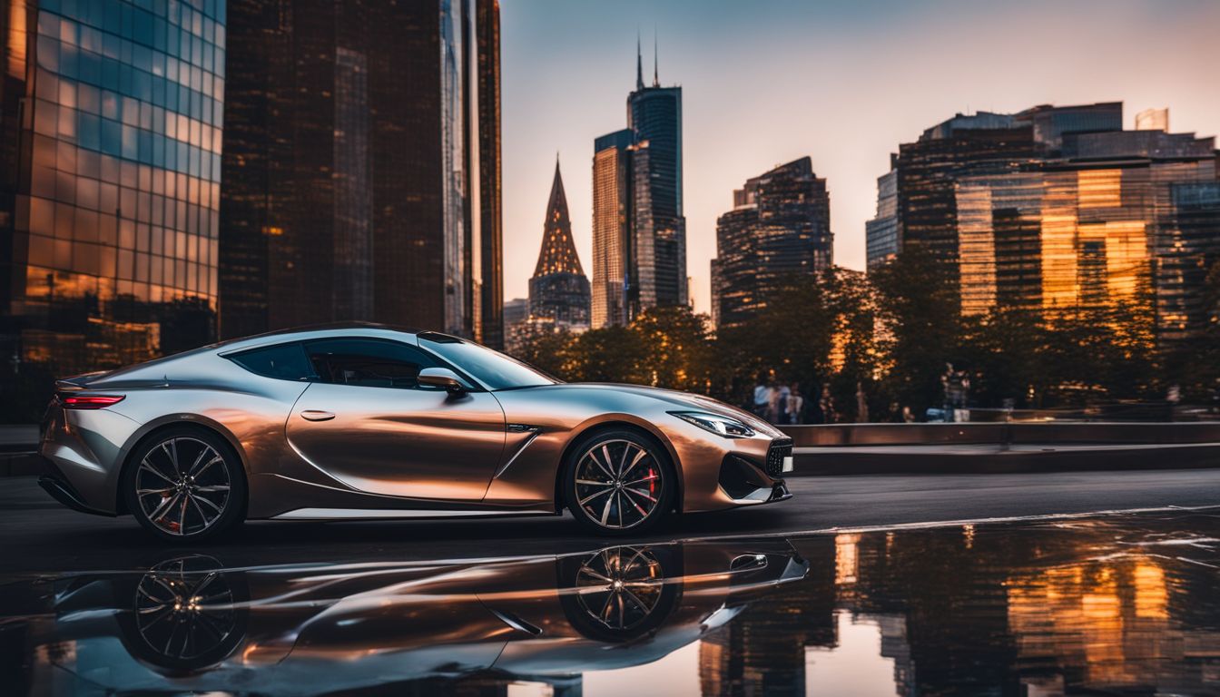A stunning photograph of a shiny car with a reflection of a city skyline, capturing diverse individuals and their unique styles.