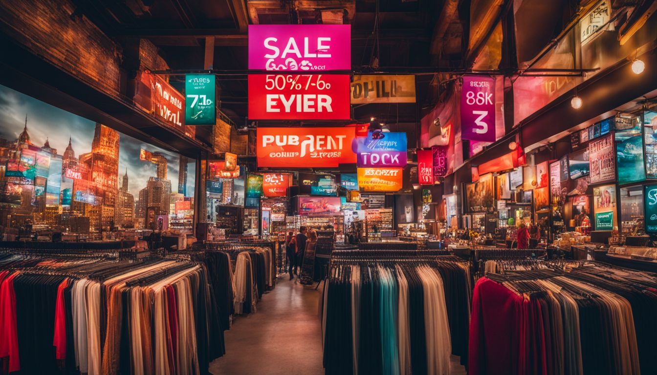A vibrant display of sale signs and discount tags in a bustling cityscape.