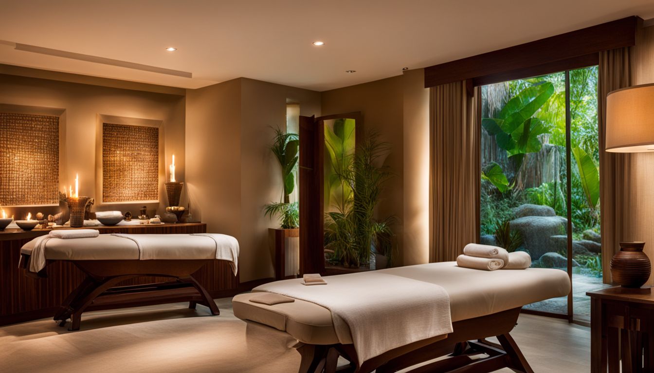 The photo showcases the serene interior of The Tamarind Spa, featuring a massage table and soothing decor.