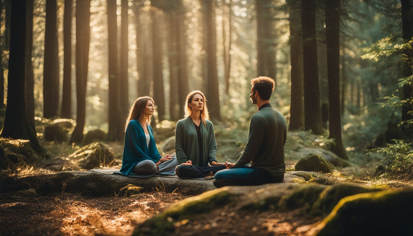 A couple meditates together in a serene forest, capturing the beauty of nature in a photograph.